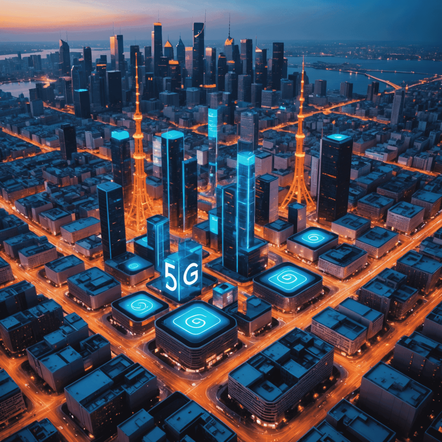 صورة توضيحية لشبكة الجيل الخامس 5G مع هواتف ذكية وأبراج اتصالات في خلفية مدينة حديثة بألوان نيون زرقاء وبرتقالية