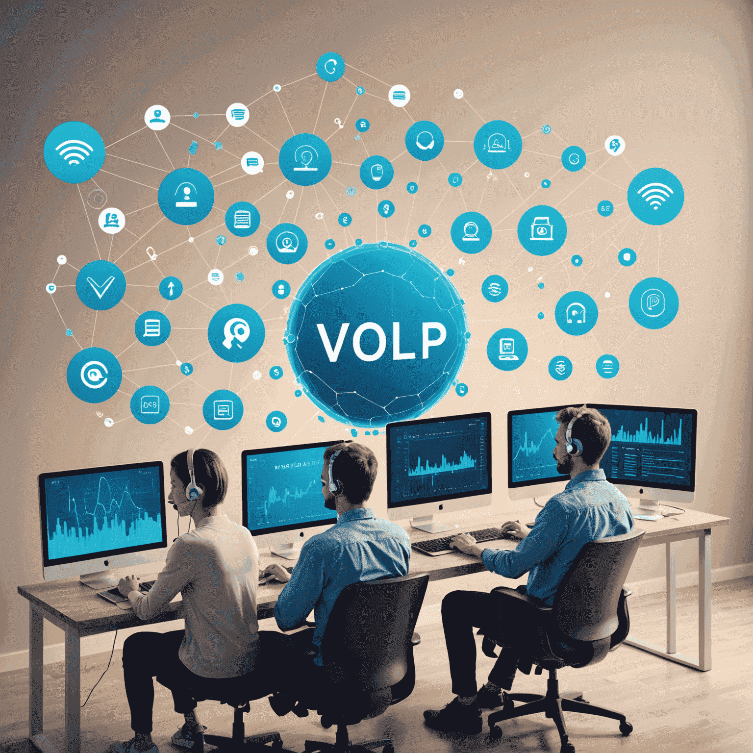 صورة توضيحية لخدمة VoIP تظهر أشخاصًا يتحدثون عبر أجهزة كمبيوتر وهواتف ذكية مع رموز إنترنت ورسوم بيانية للصوت