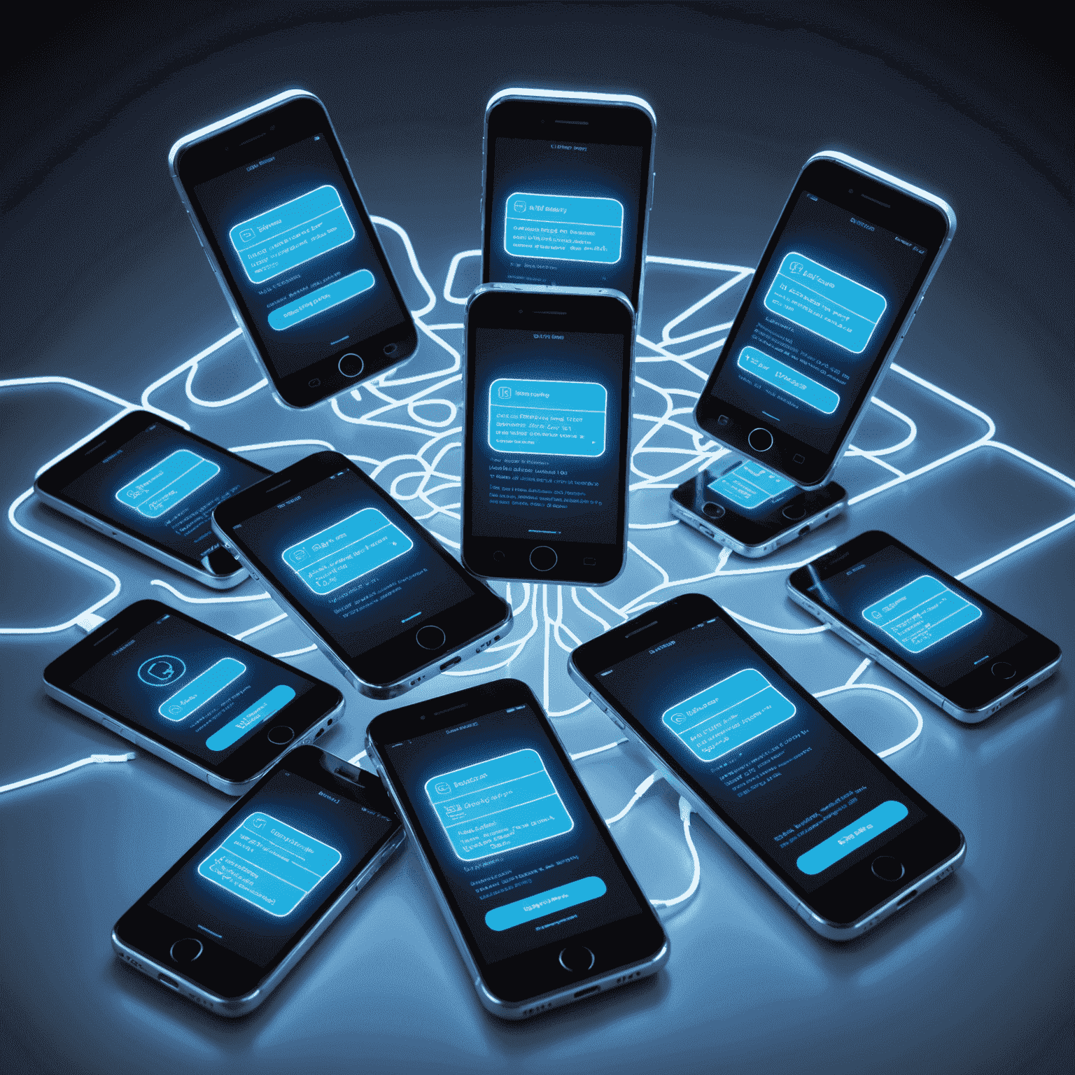 صورة توضيحية لخدمة الرسائل القصيرة SMS، تظهر هواتف ذكية متعددة تتبادل رسائل نصية مع تأثيرات نيون زرقاء