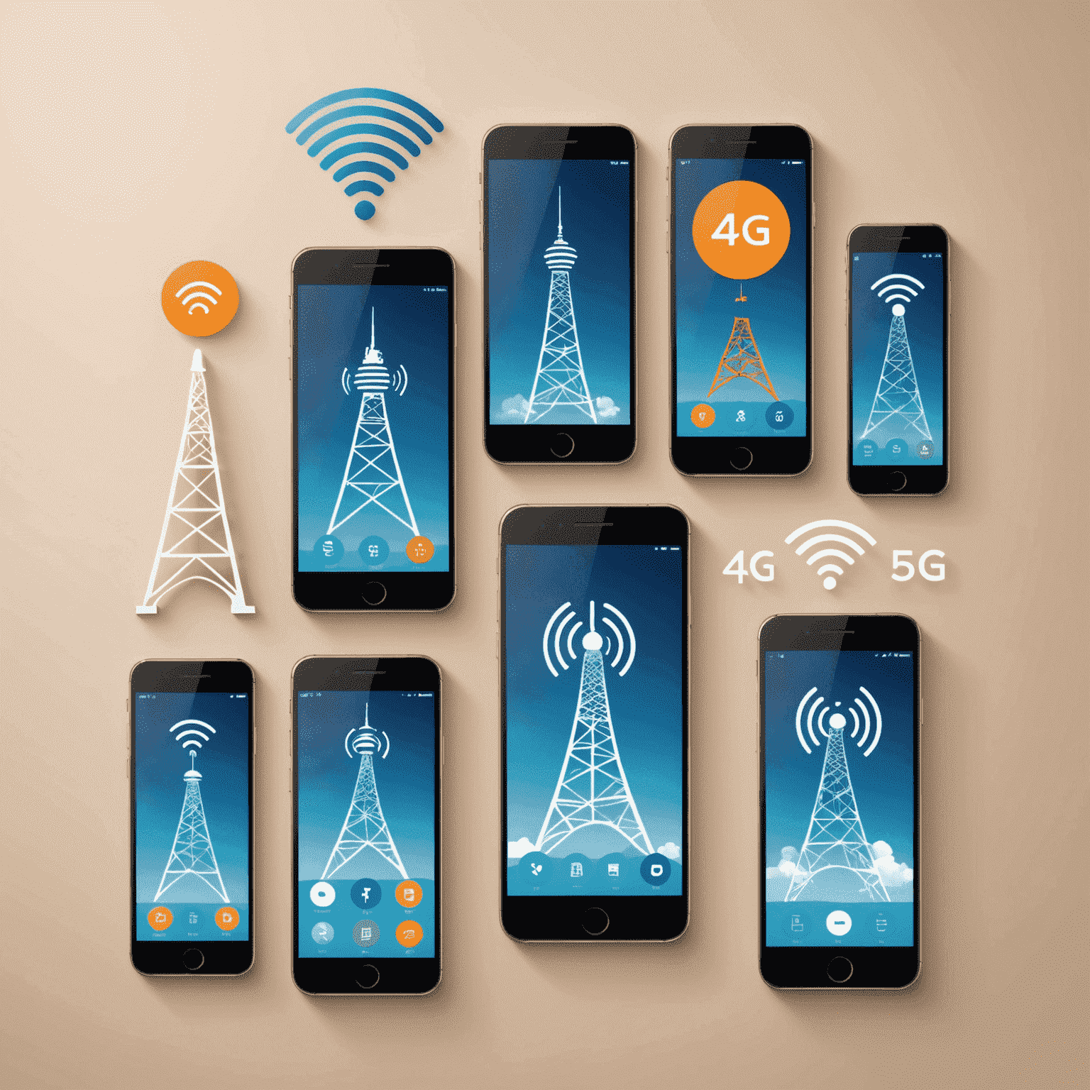 صورة توضيحية لخطط الجوال التقليدية تظهر هواتف محمولة متنوعة مع رموز لشبكات 4G و5G وأبراج اتصالات