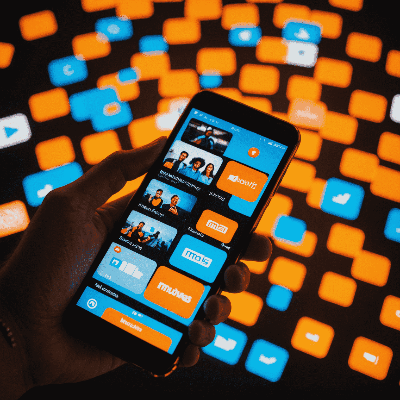 صورة توضيحية لخدمة رسائل الوسائط المتعددة MMS، تعرض هواتف تتبادل صور وفيديوهات مع تأثيرات نيون برتقالية