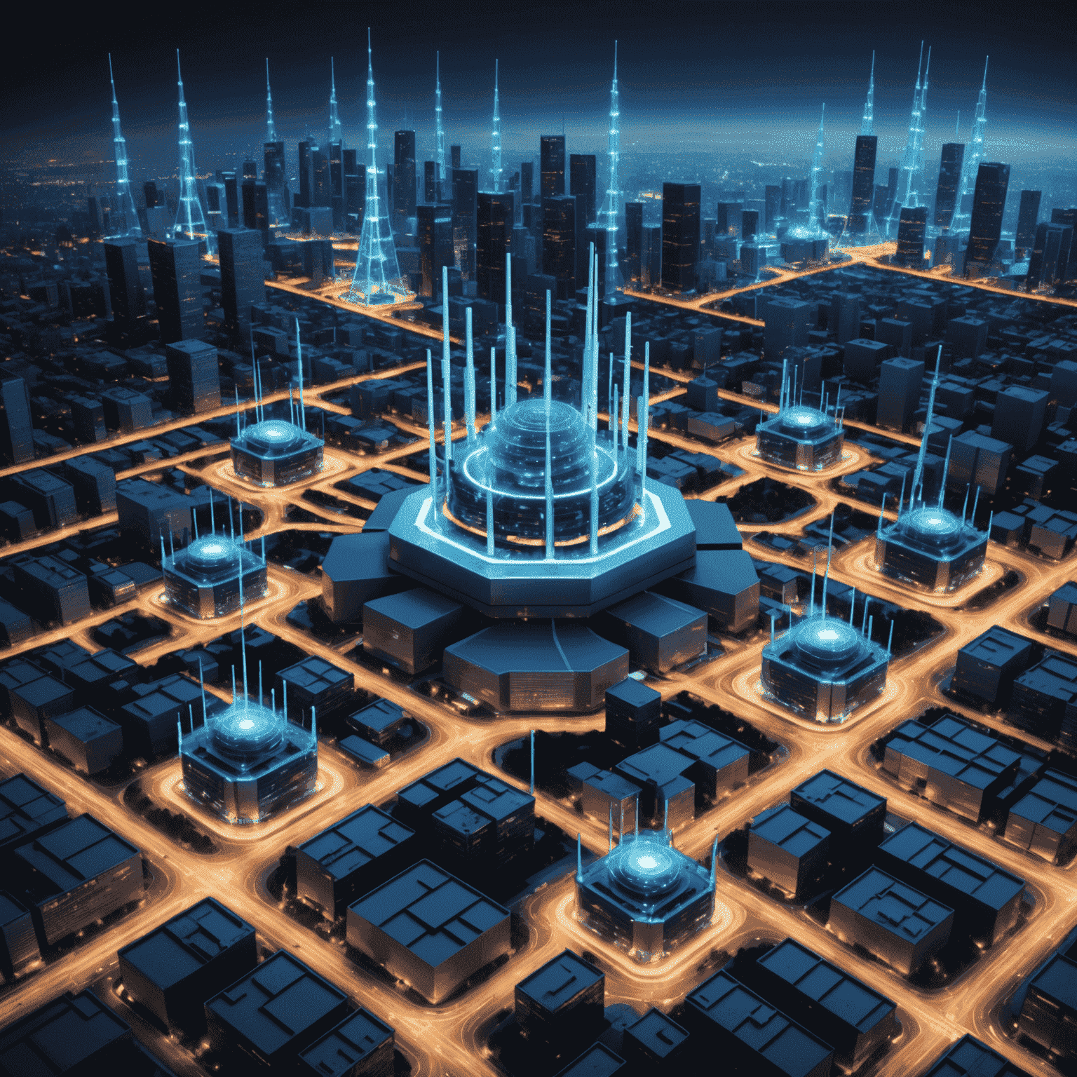 رسم توضيحي لبنية شبكة متقدمة تظهر أبراج 5G وأجهزة توجيه وخوادم متصلة